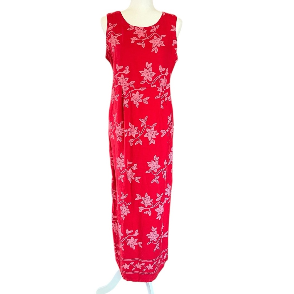 Vintage Heaven 100% Linen Maxi Dress Red Floral Hawaiian Sleeveless Women Medium